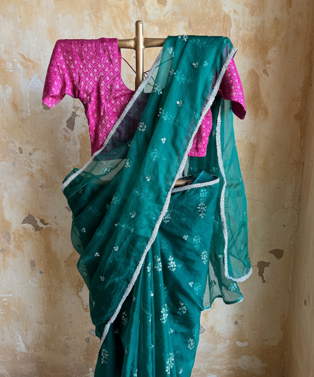 Green organza saree