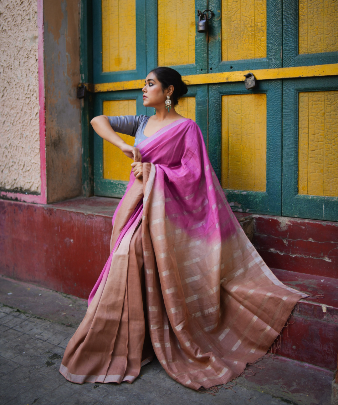 Pink brown handwoven linen saree