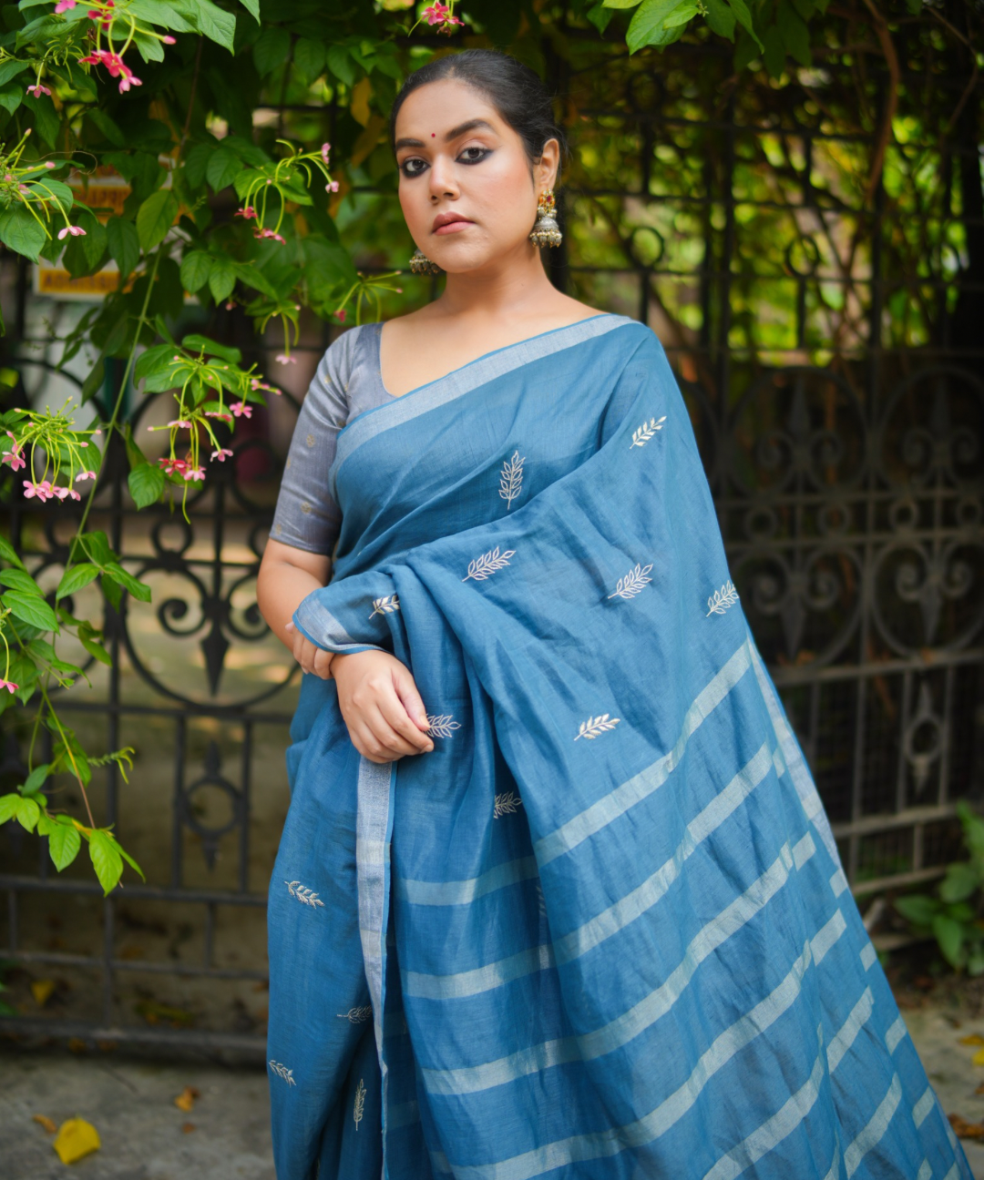 Festive blue handwoven linen saree