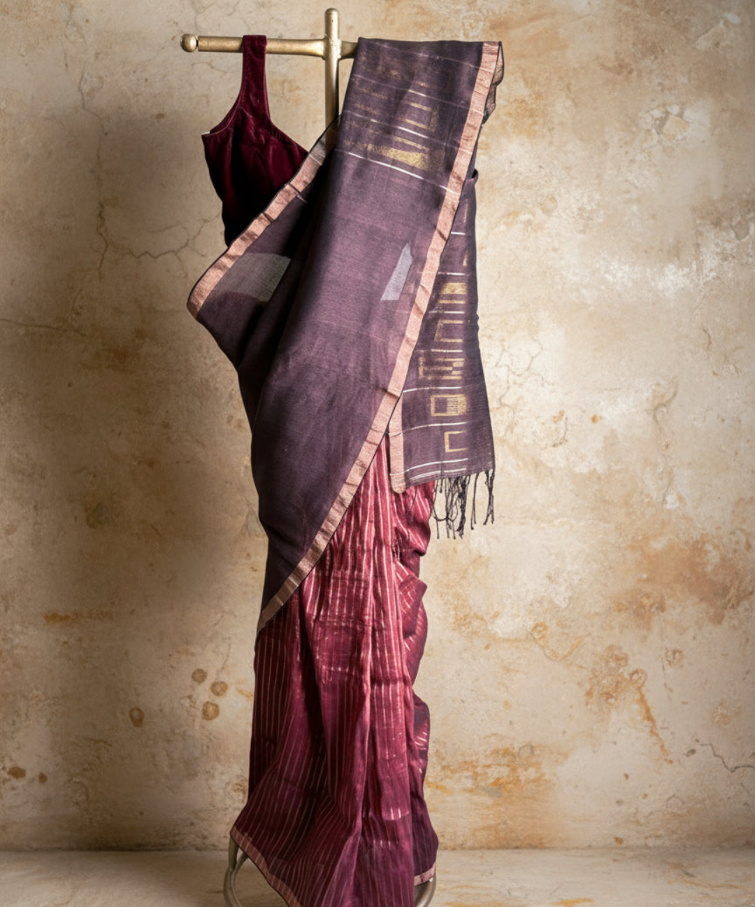 Maroon brown handwoven linen jamdani saree