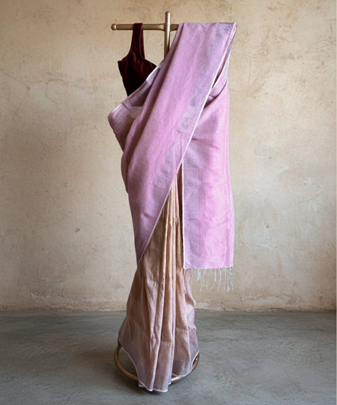 Pink beige handwoven linen saree