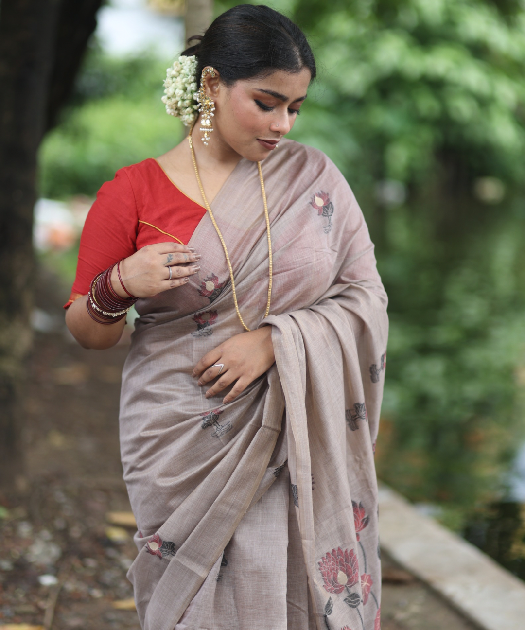 Brown chanderi cotton lotus saree