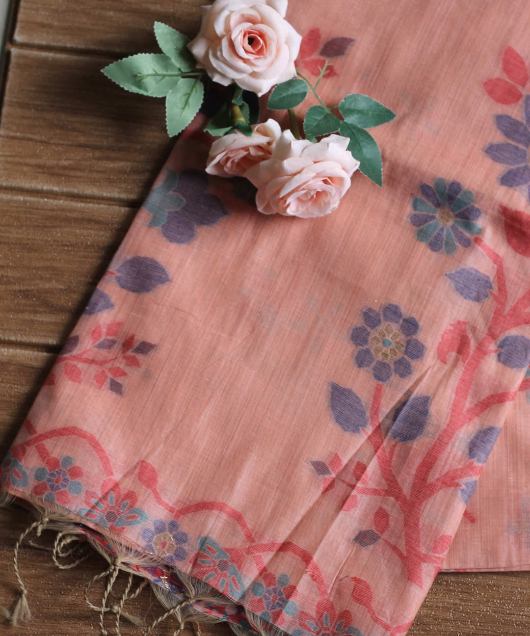 Peach chanderi cotton jamdani saree