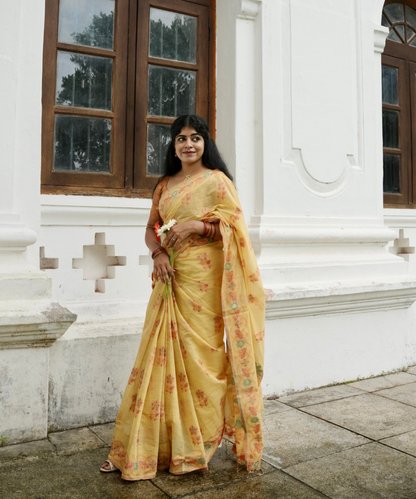 Yellow chanderi cotton jamdani saree
