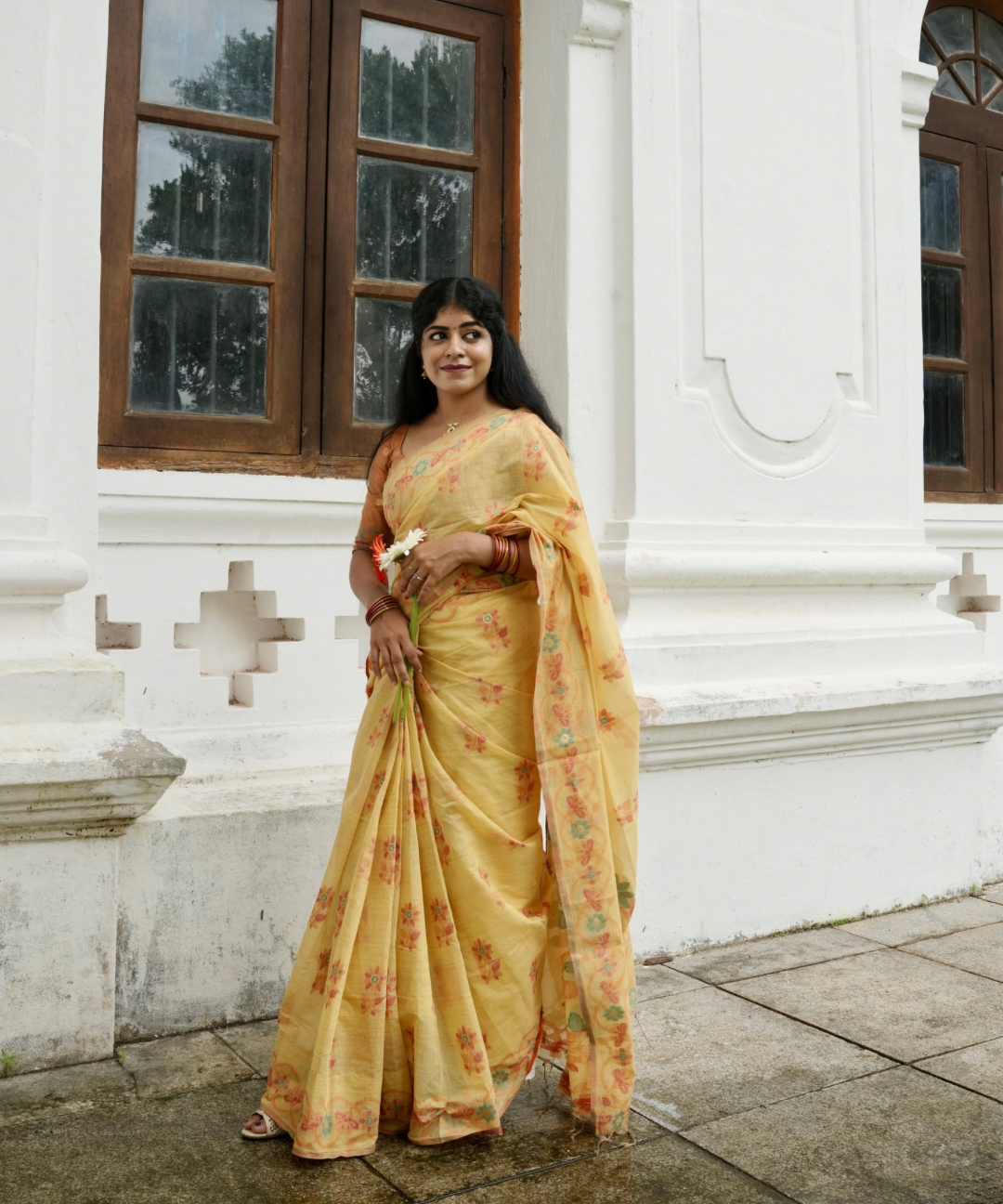 Yellow chanderi cotton jamdani saree