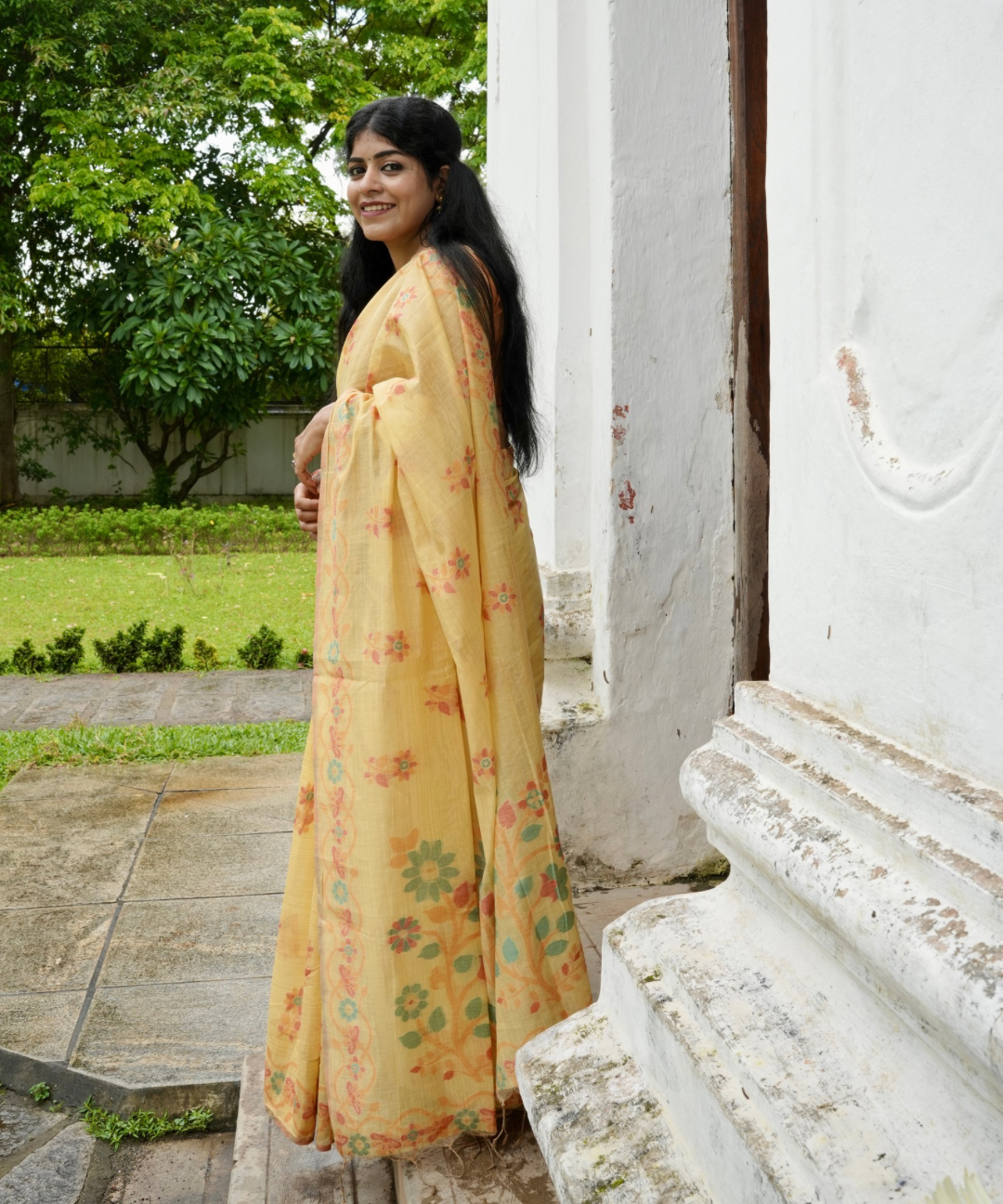 Yellow chanderi cotton jamdani saree