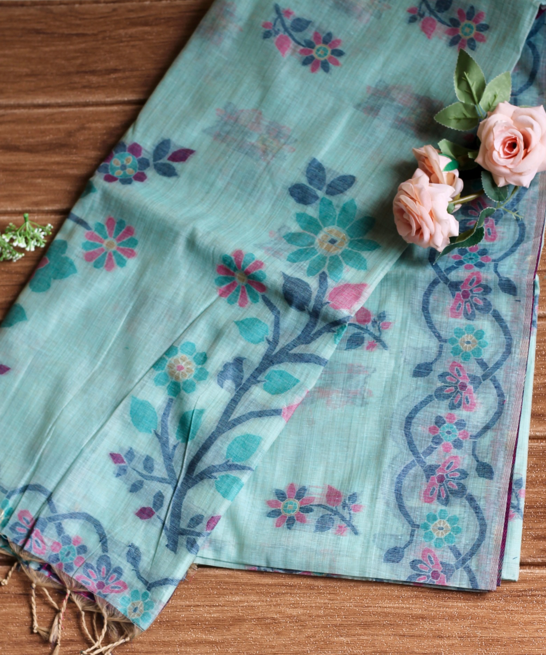 Blue chanderi cotton jamdani saree