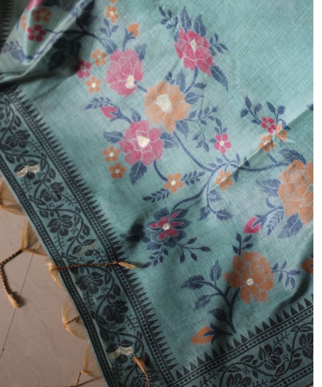 Blue chanderi cotton jamdani saree