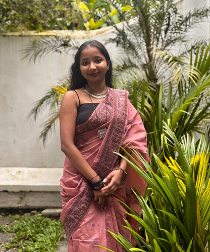 Pink chanderi cotton jamdani saree