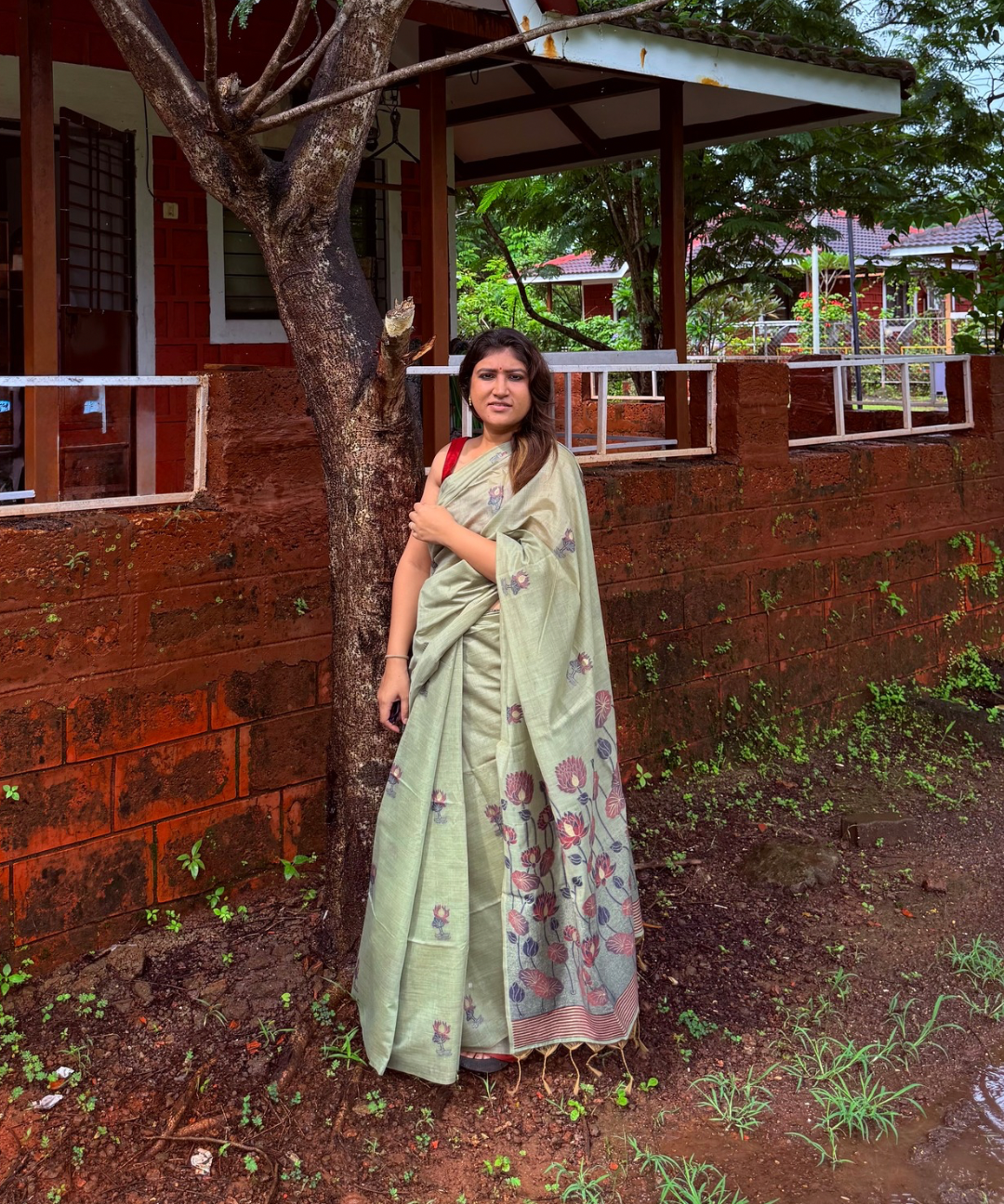 Green chanderi cotton lotus saree