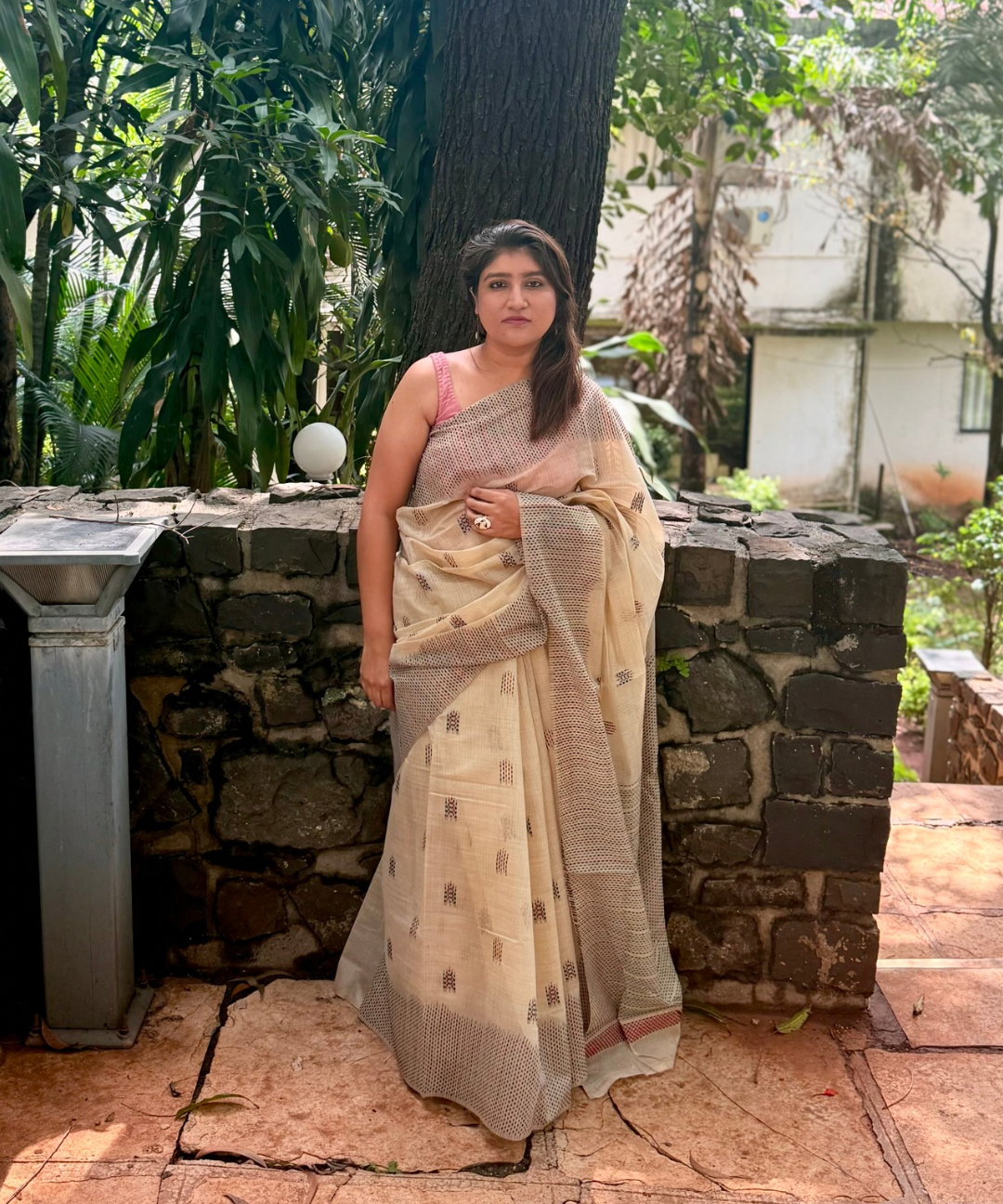 off white chanderi cotton kantha saree