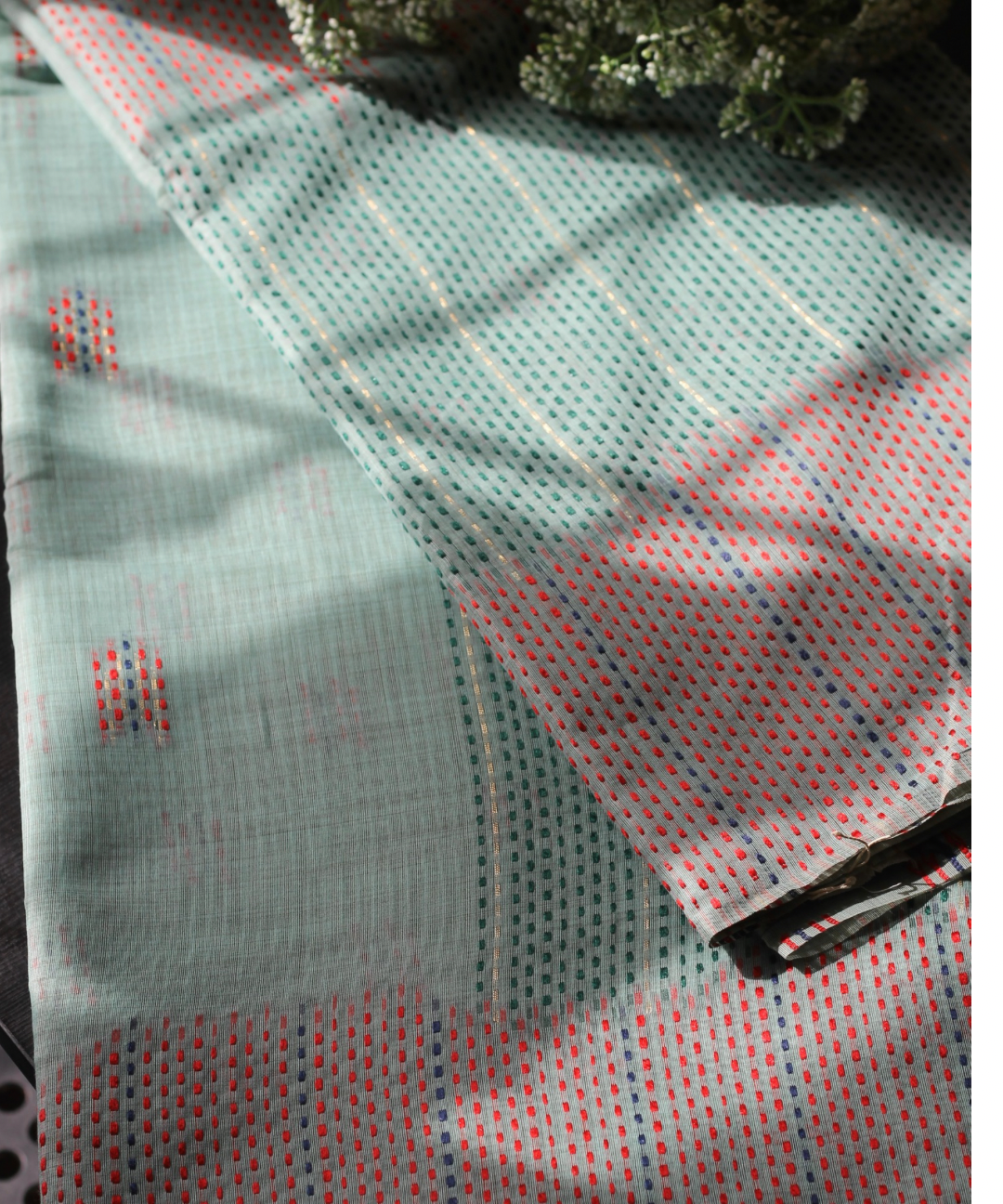 Sea green chanderi cotton kantha saree