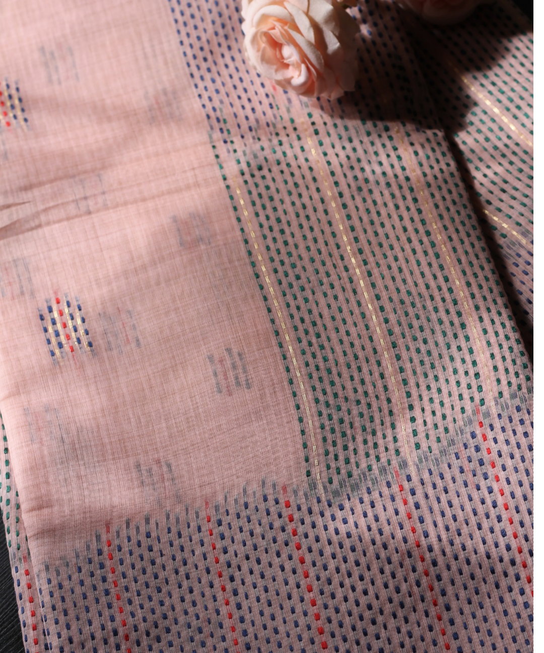 Peach chanderi cotton kantha saree