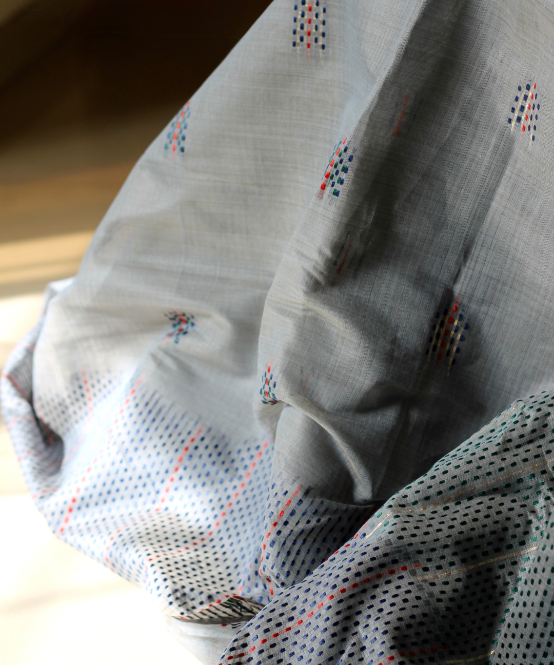Grey chanderi cotton kantha saree