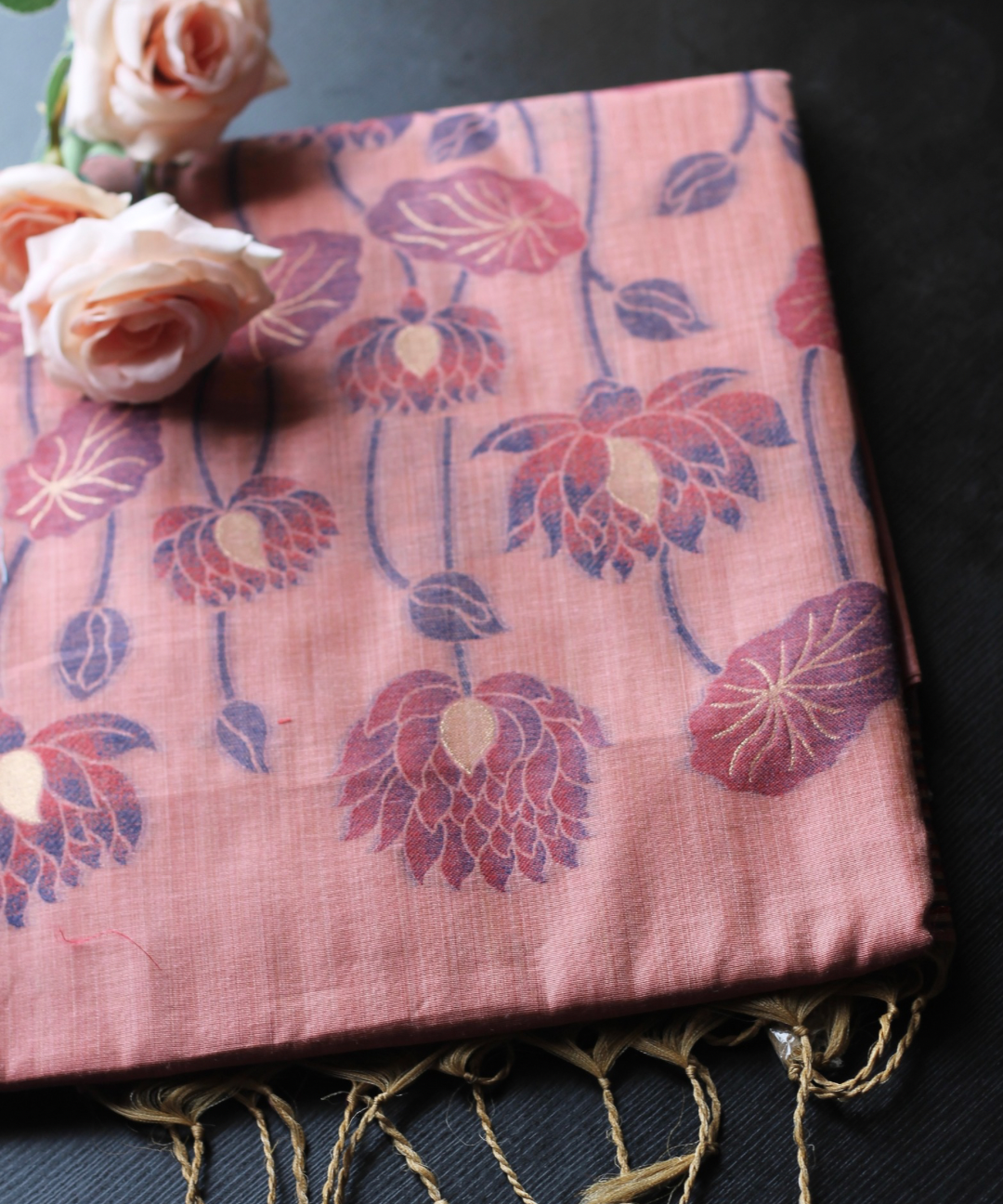 Peach chanderi cotton lotus saree