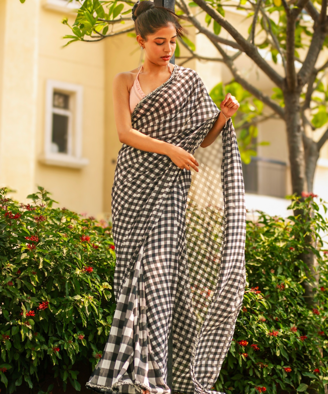 Black and White Check saree