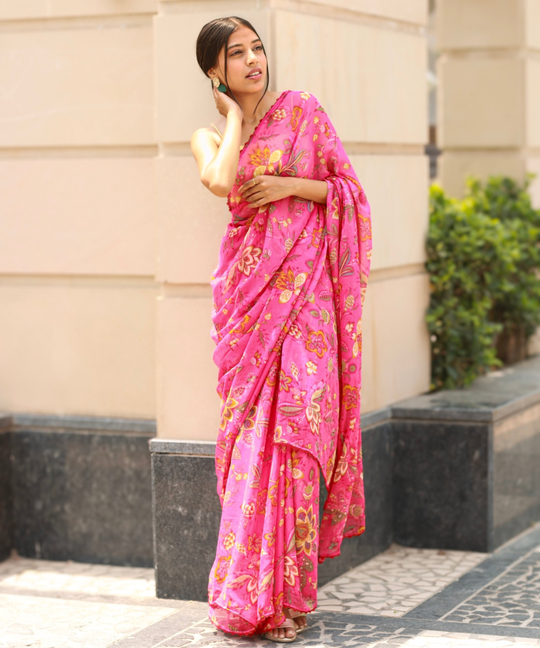 Pink chiffon saree
