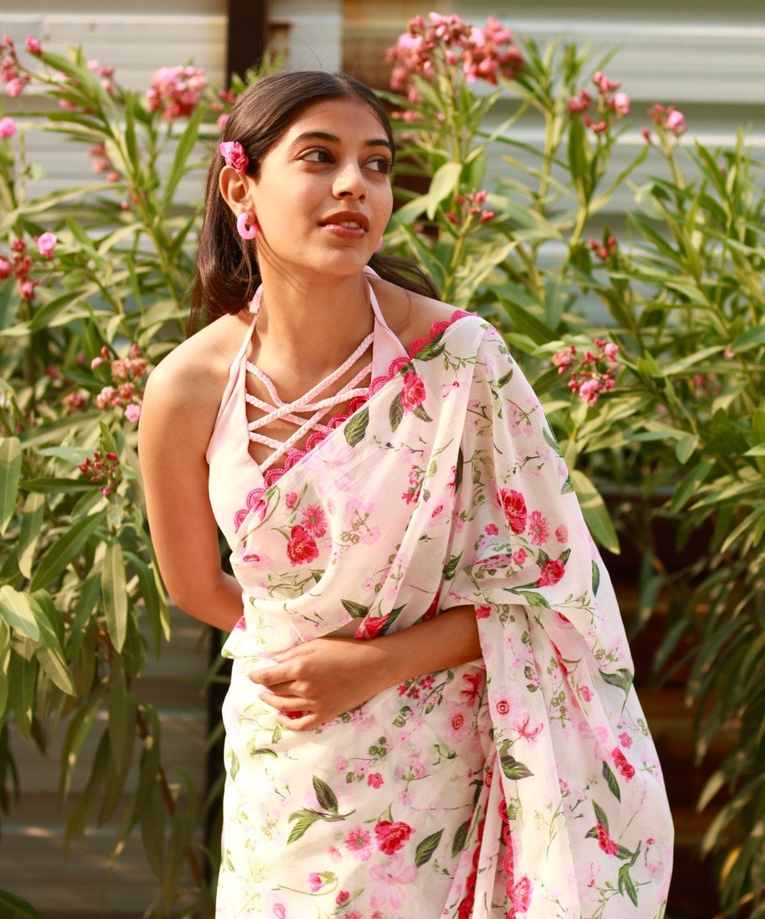 White Chiffon Floral Print Saree