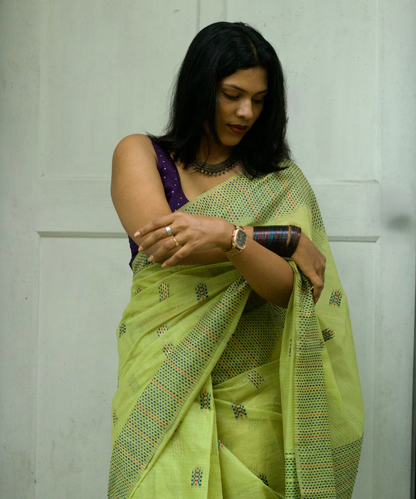 Green chanderi cotton kantha saree