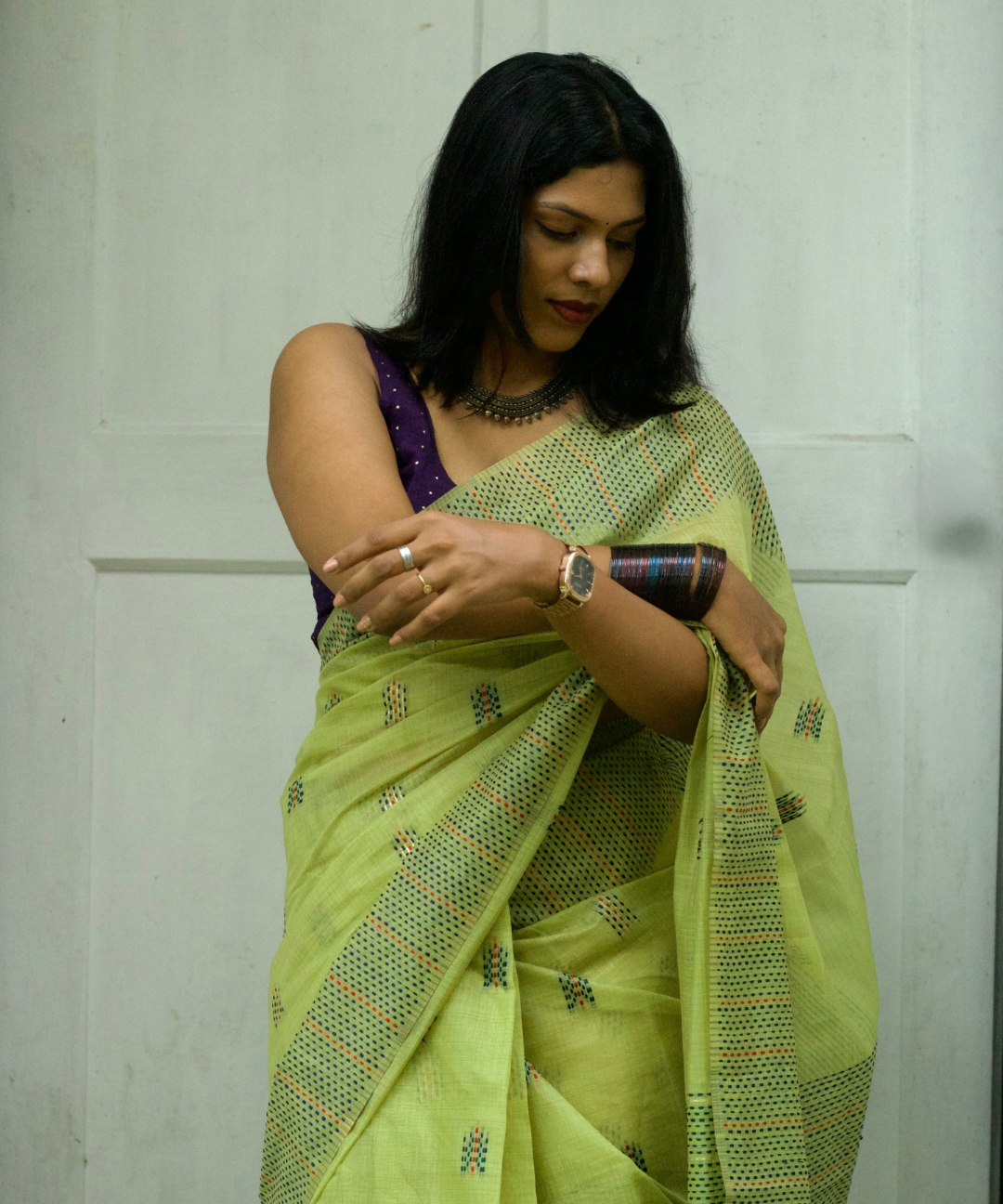 Green chanderi cotton kantha saree