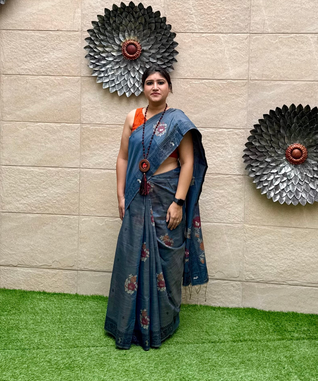 Grey chanderi cotton jamdani saree