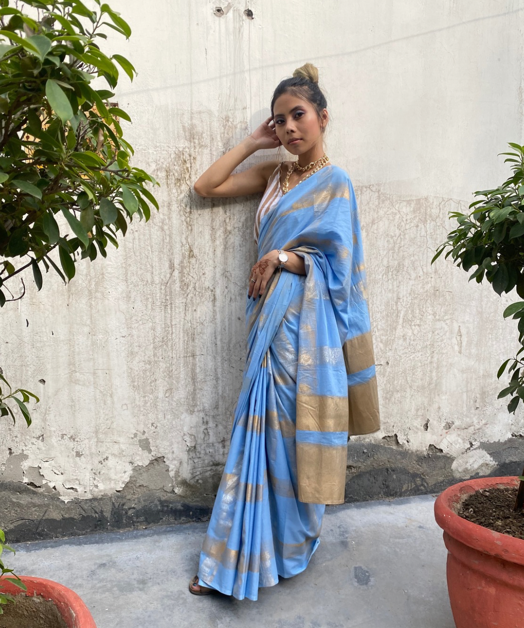 Blue cotton mulmul blockprinted saree