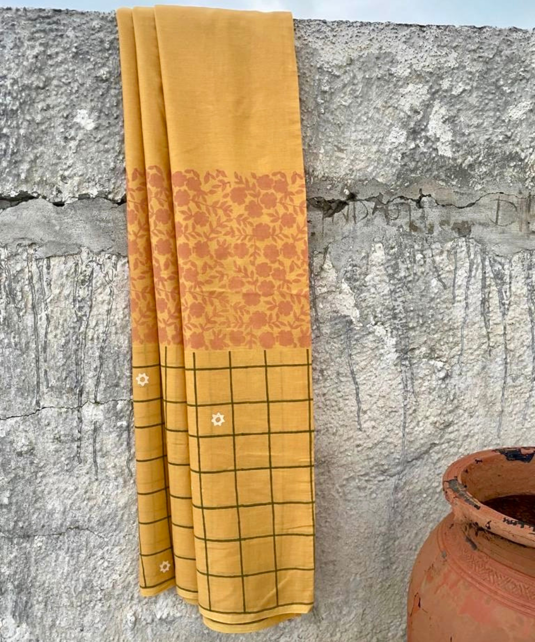 Mustard yellow cotton mulmul blockprinted saree