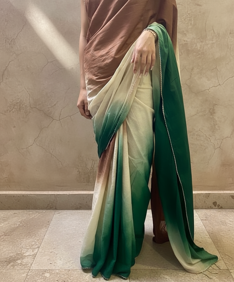 Brown green ombré cotton mulmul saree