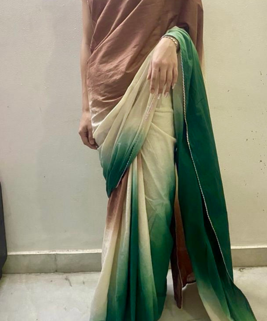 Brown green ombré cotton mulmul saree