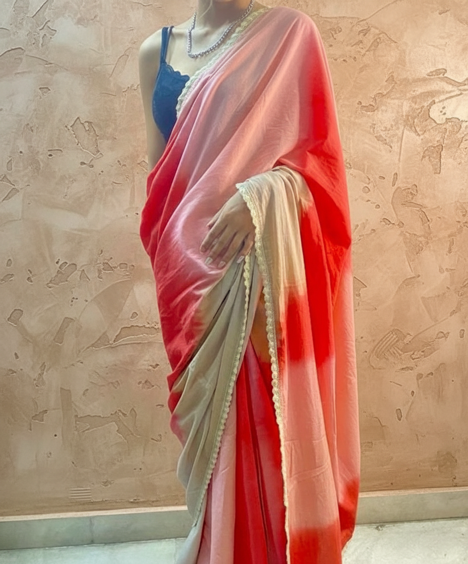 Pink red ombré cotton mulmul saree