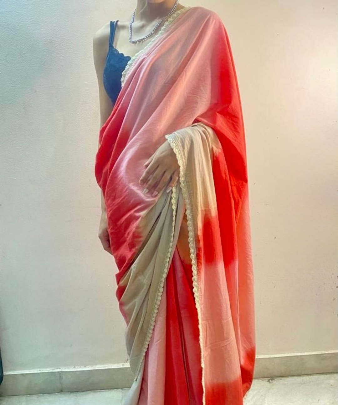 Pink red ombré cotton mulmul saree