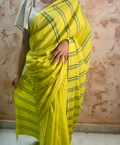 Neon yellow hand blockprinted cotton mulmul saree