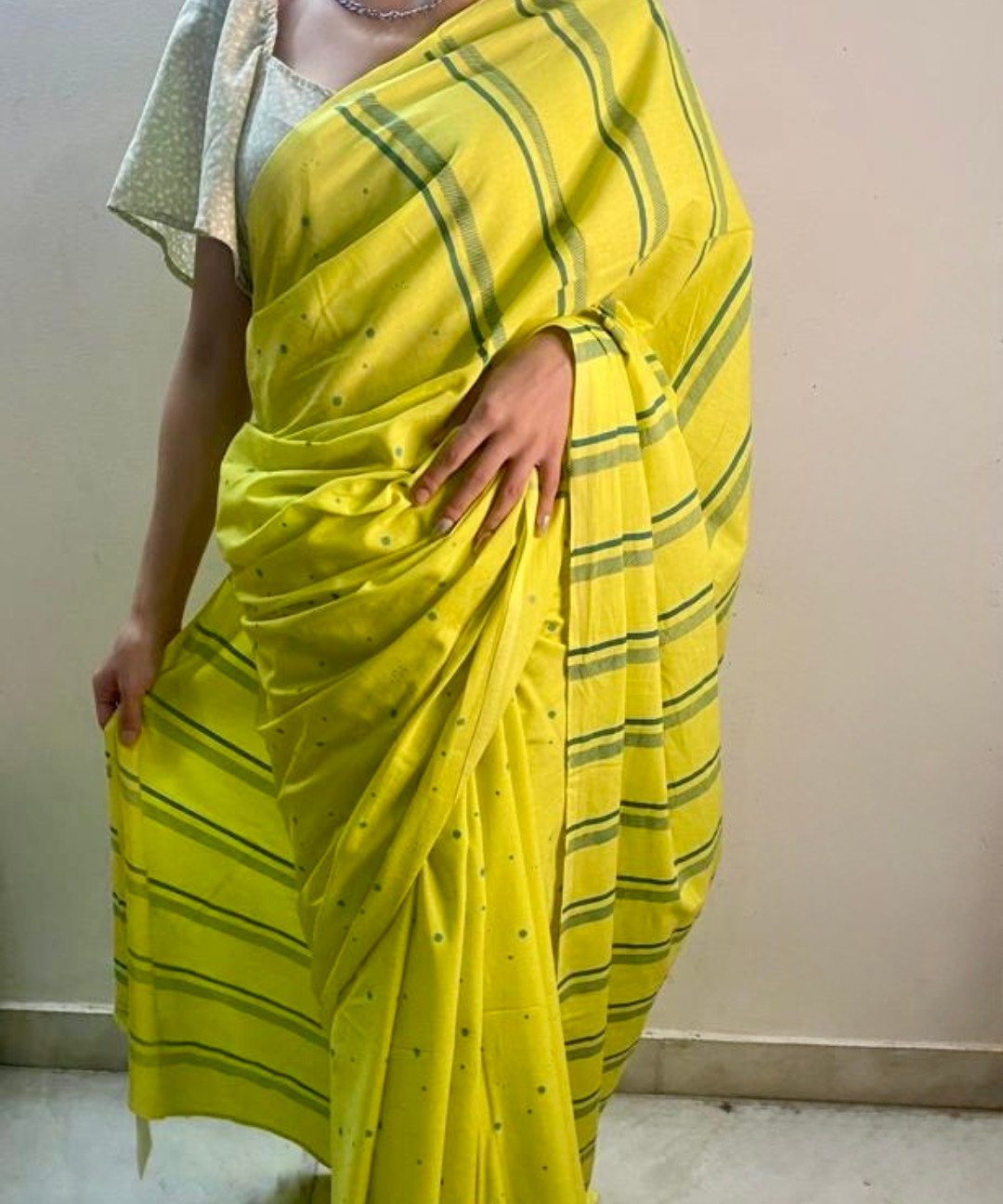 Neon yellow hand blockprinted cotton mulmul saree