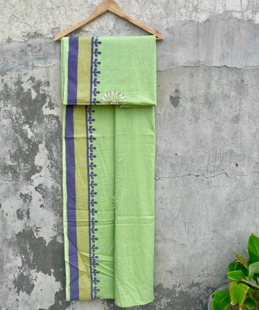 Calm green hand blockprinted cotton mulmul saree