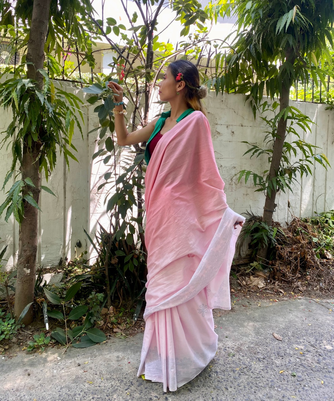Pink ombré hand blockprinted cotton mulmul saree