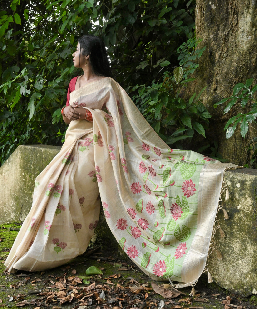 Red lotus chanderi cotton saree