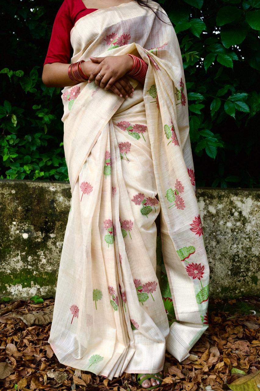 Red lotus chanderi cotton saree