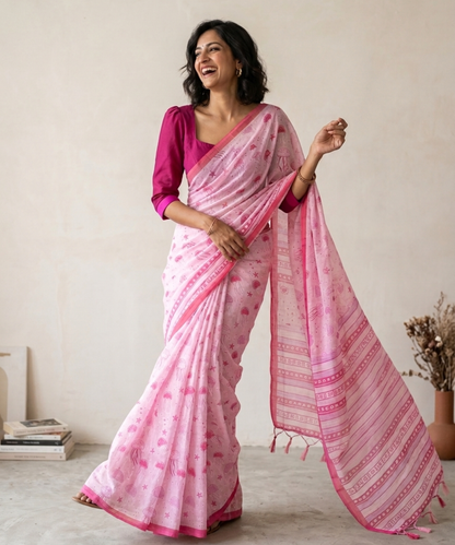 Pink cotton printed saree