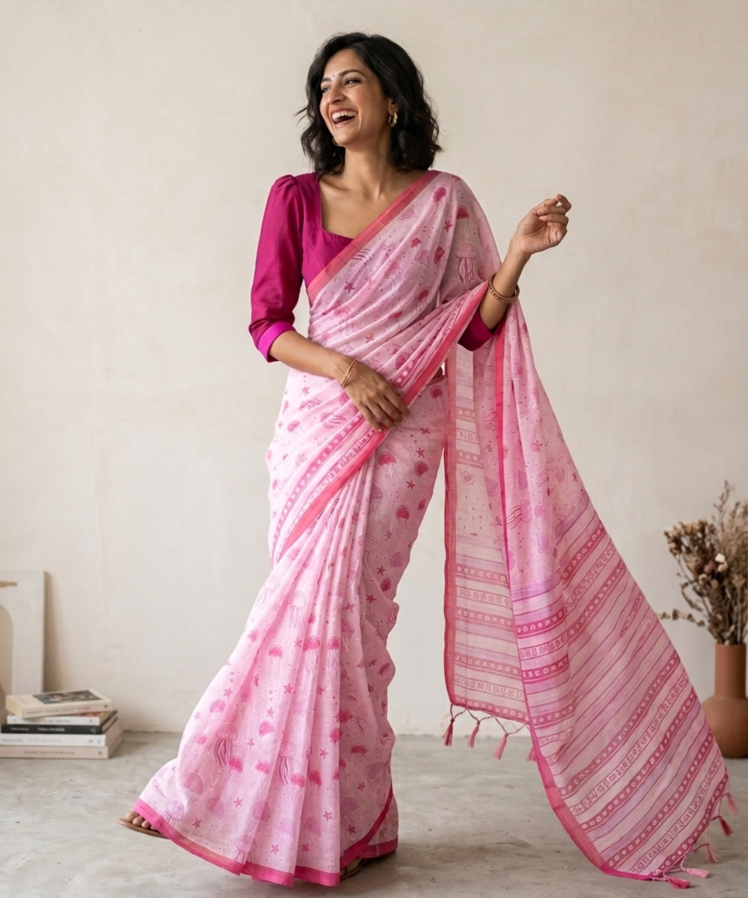 Pink linen cotton printed saree