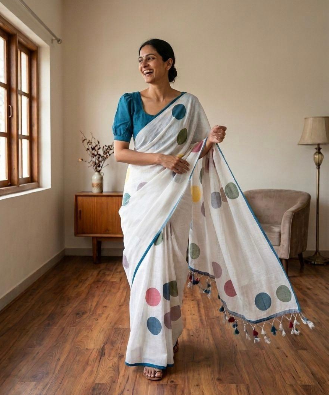 White linen cotton saree