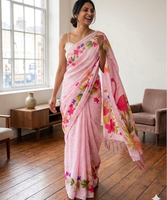 Pink floral cotton saree