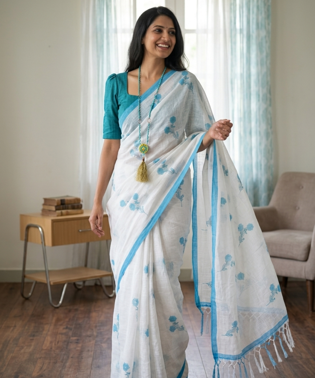 White linen cotton print saree