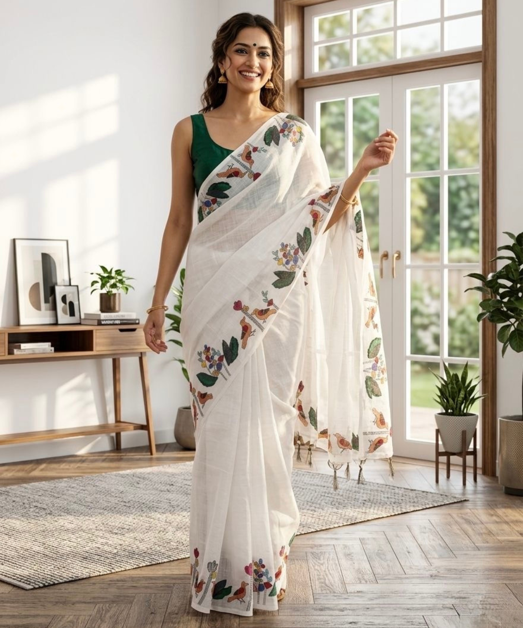 White linen cotton saree