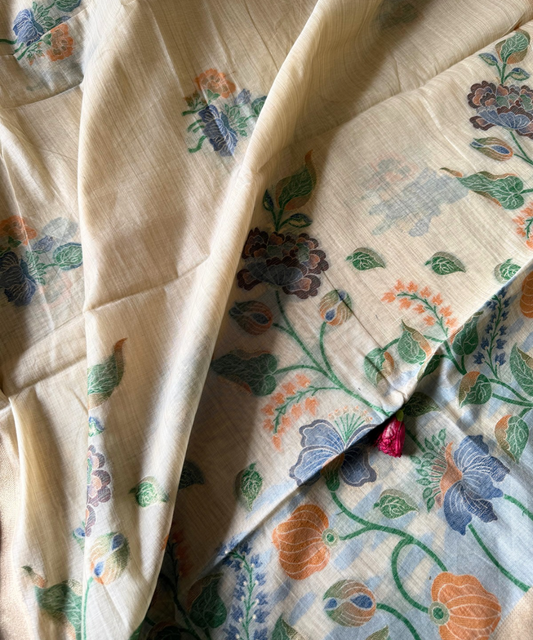 Beige chanderi cotton jamdani saree