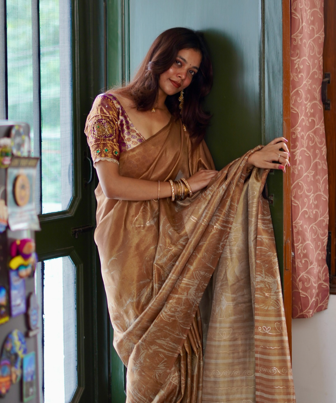 Brown abstract tissue silk saree