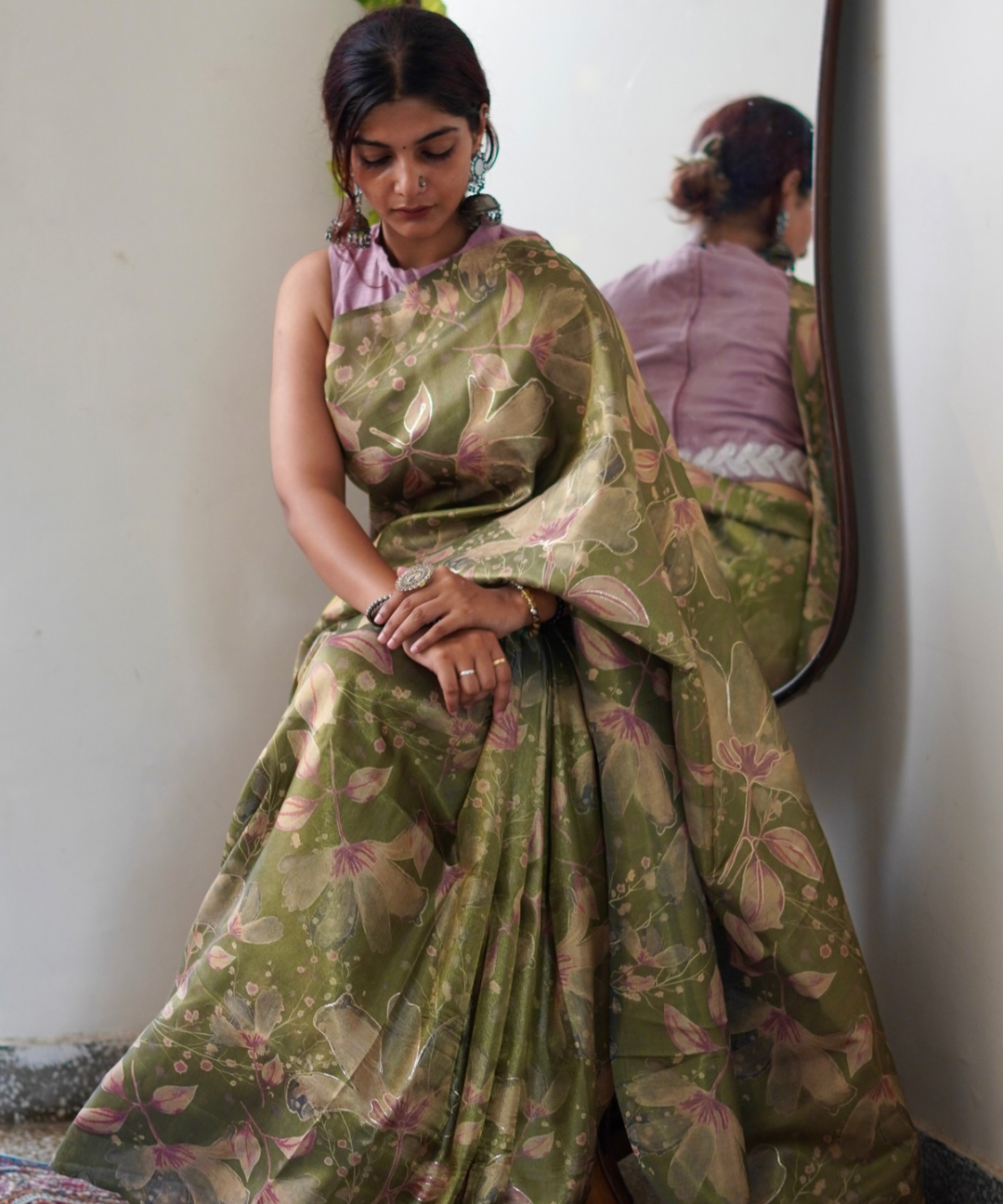 Green abstract tissue silk saree