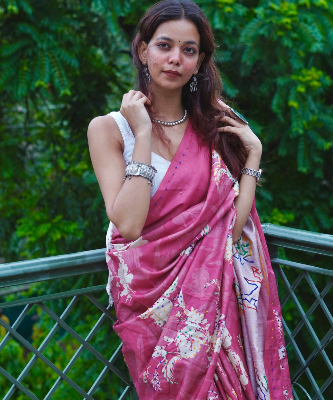 Pink floral French knot saree
