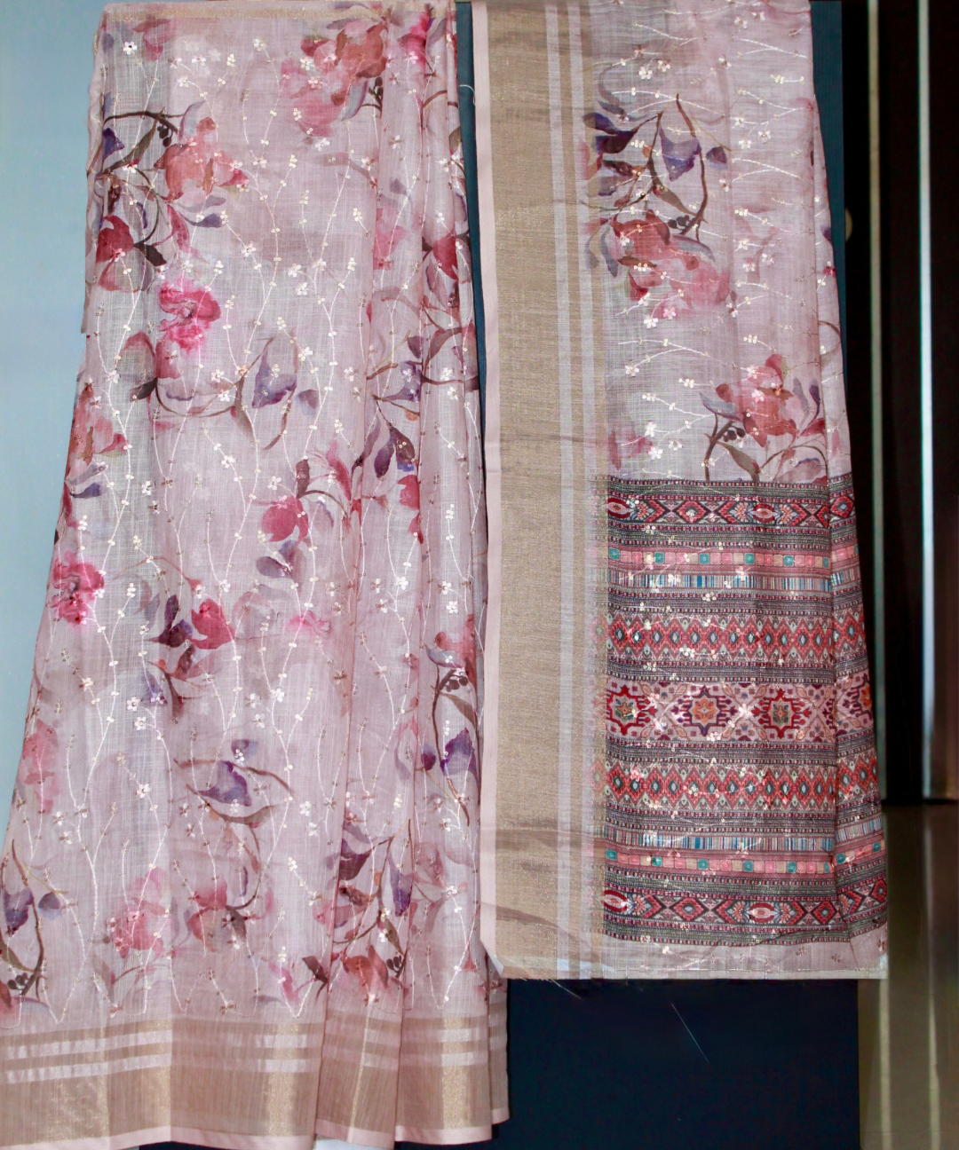 Light pink thread embroidered saree