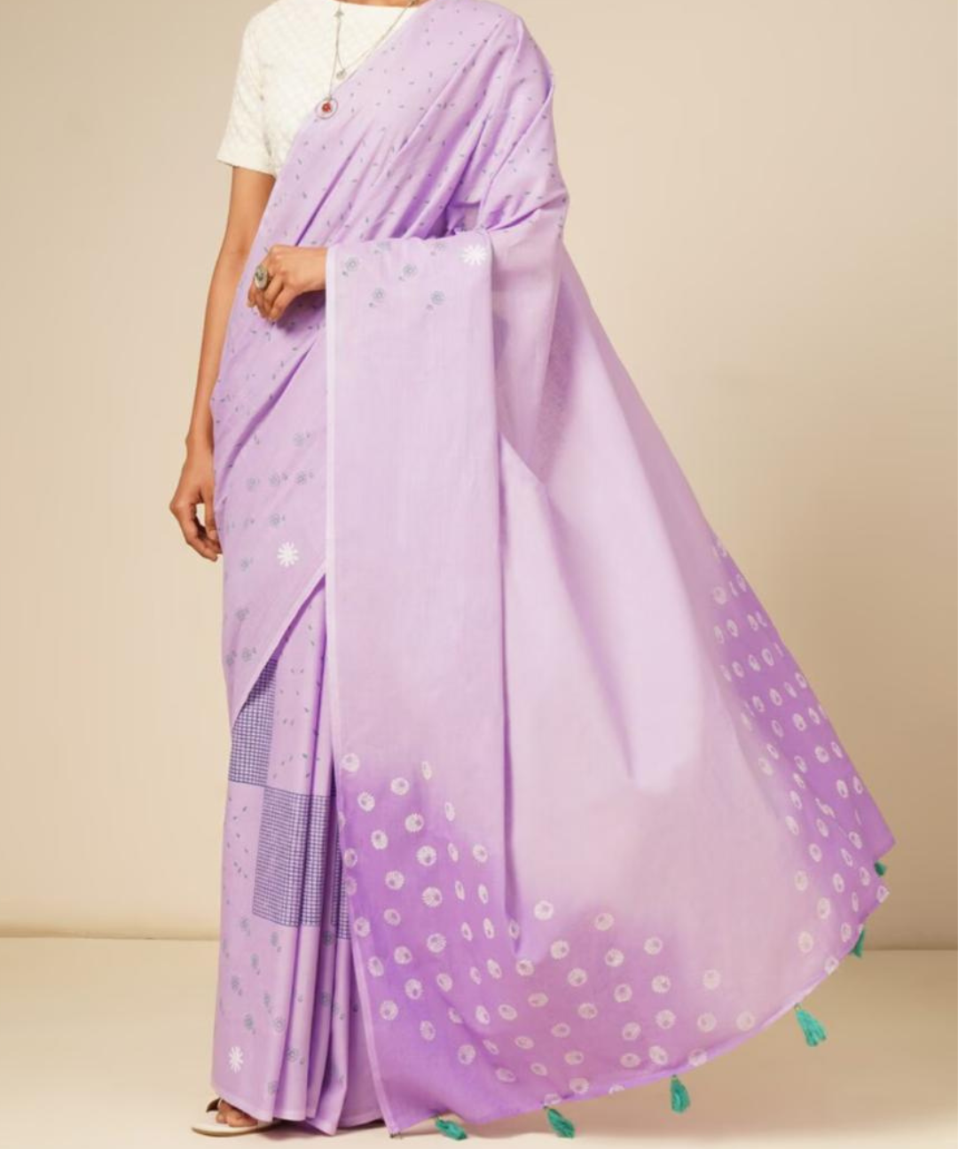 Lavender summer dew block printed mulmul saree