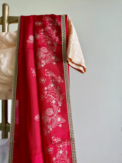 Red hand blockprinted Silk Saree
